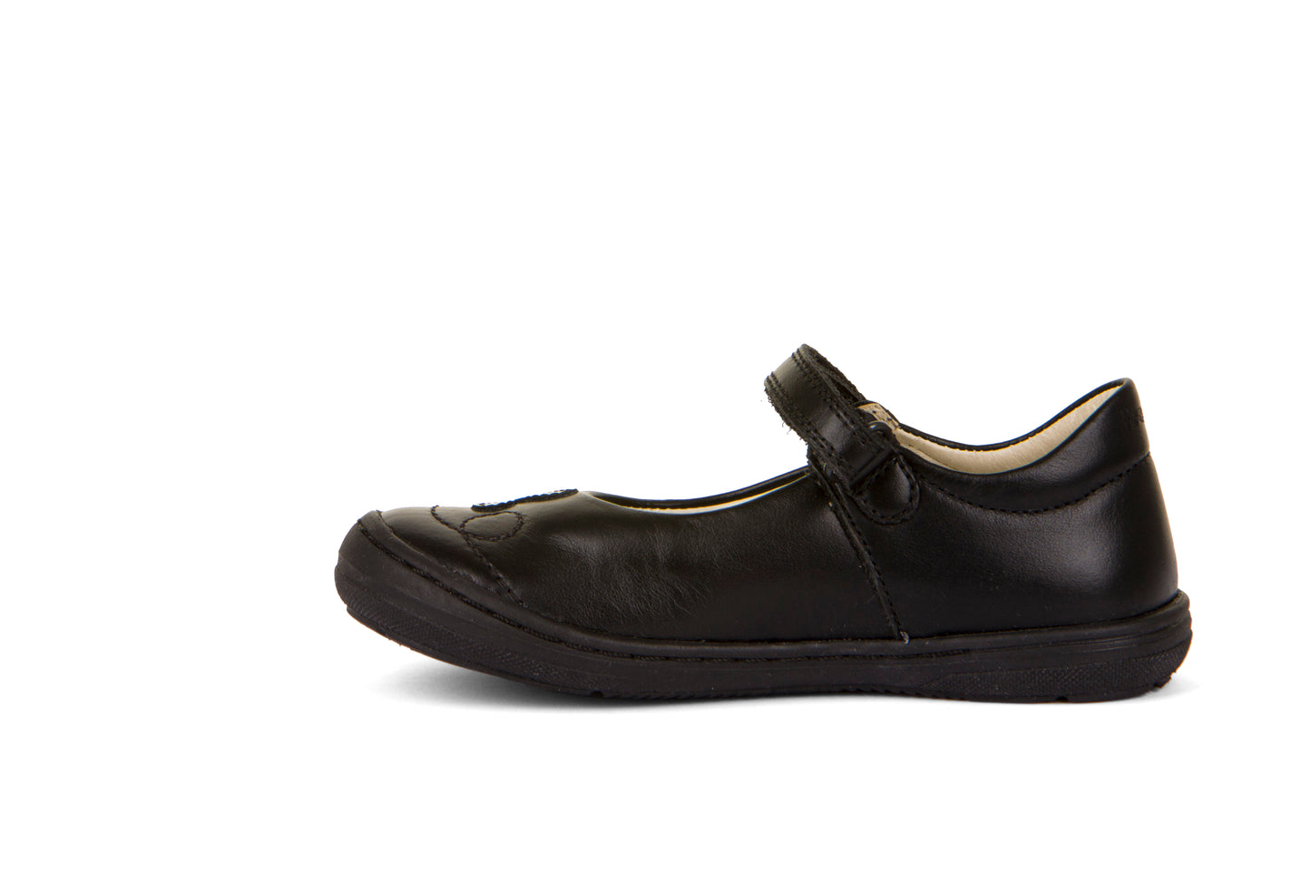 A girls Mary Jane school shoe by Froddo, style Mia DF G3140171-1, in black leather with toe bumper, patent butterfly detail and velcro fastening.  Left side view.