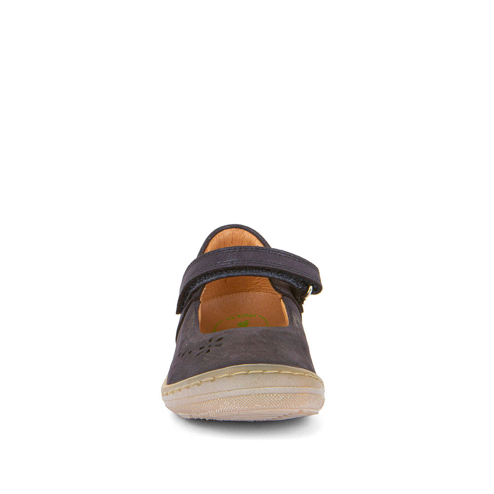 A girls Mary-Jane shoe by Froddo, style Mary F G3140182-2, in navy shimmer leather with flower punch out detail and toe bumper. Velcro fastening.  Front view.
