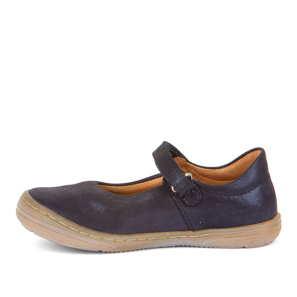 A girls Mary-Jane shoe by Froddo, style Mary F G3140182-2, in navy shimmer leather with flower punch out detail and toe bumper. Velcro fastening.  Left side view.