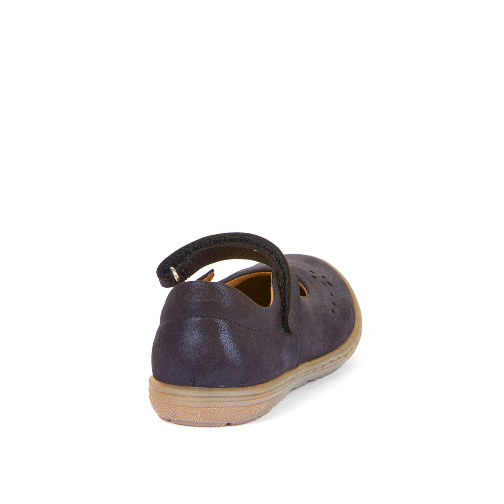 A girls Mary-Jane shoe by Froddo, style Mary F G3140182-2, in navy shimmer leather with flower punch out detail and toe bumper. Velcro fastening.  Angled view of back.