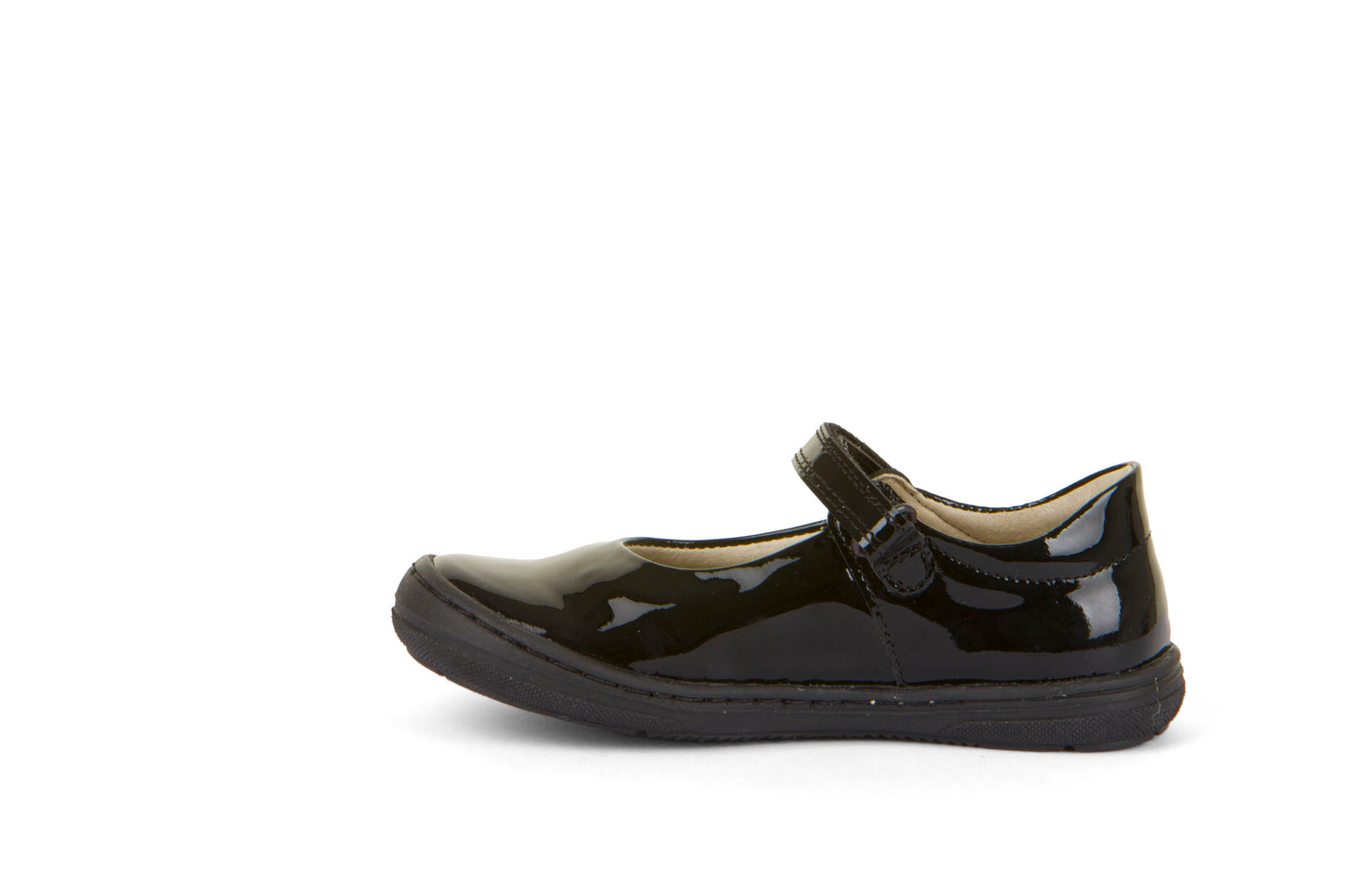 A girls patent Mary Jane shoe by Froddo, style Mia G3140188, in black patent with toe bumper, cut out petal detail and velcro fastening. Left side view.