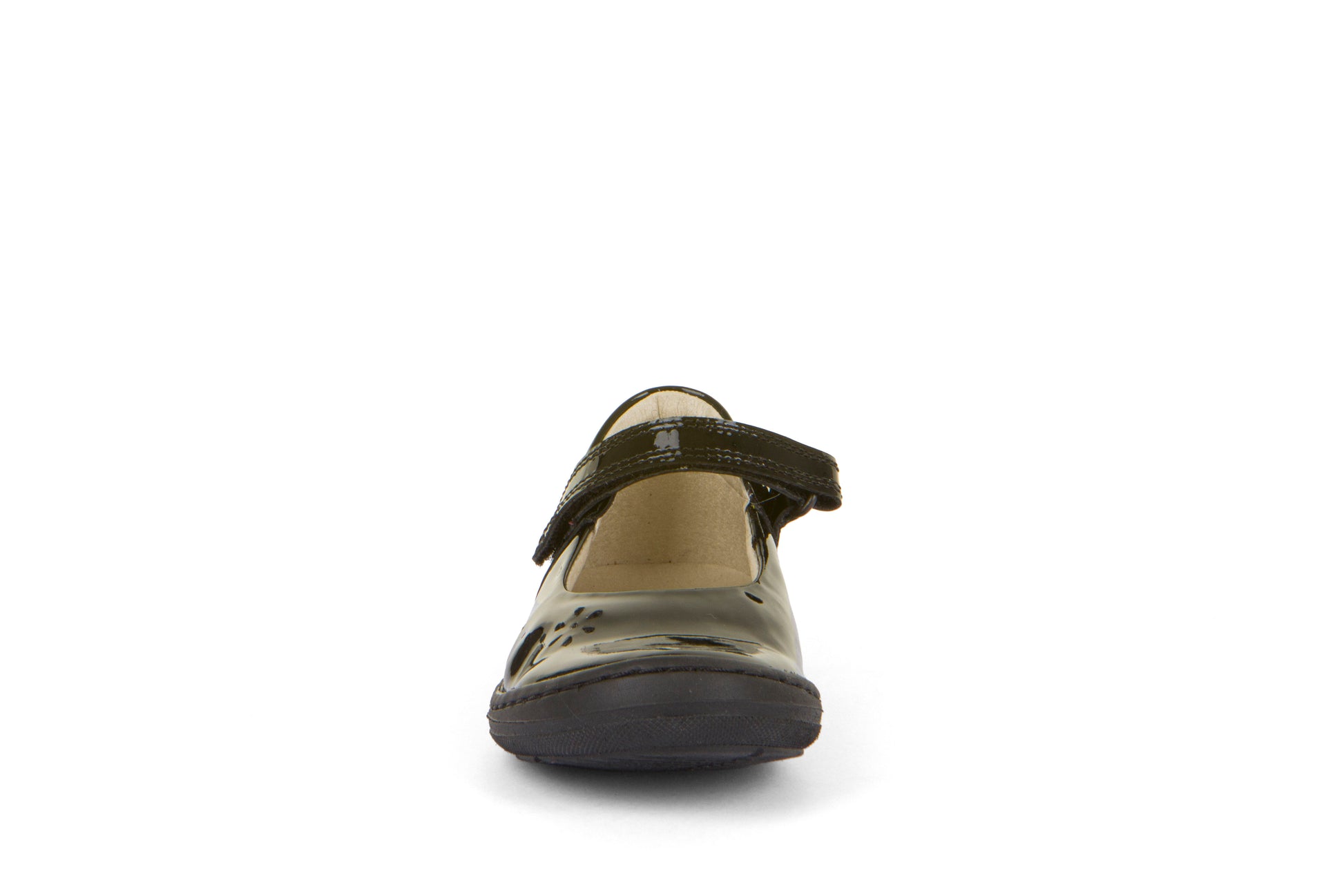 A girls patent Mary Jane shoe by Froddo, style Mia G3140188, in black patent with toe bumper, cut out petal detail and velcro fastening. Front view.