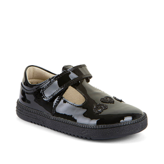 A girls barefoot school shoe by Froddo. In a loop Sandra style, black patent, with a tbar velcro strap and love heart design on the front. Right side view.