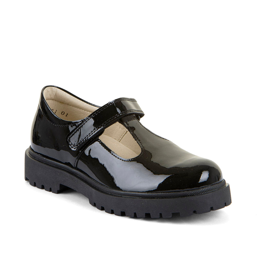 A girls school shoe by Froddo, style Lea T in black patent, with velcro tbar strap and chunky black sole. Right side view
