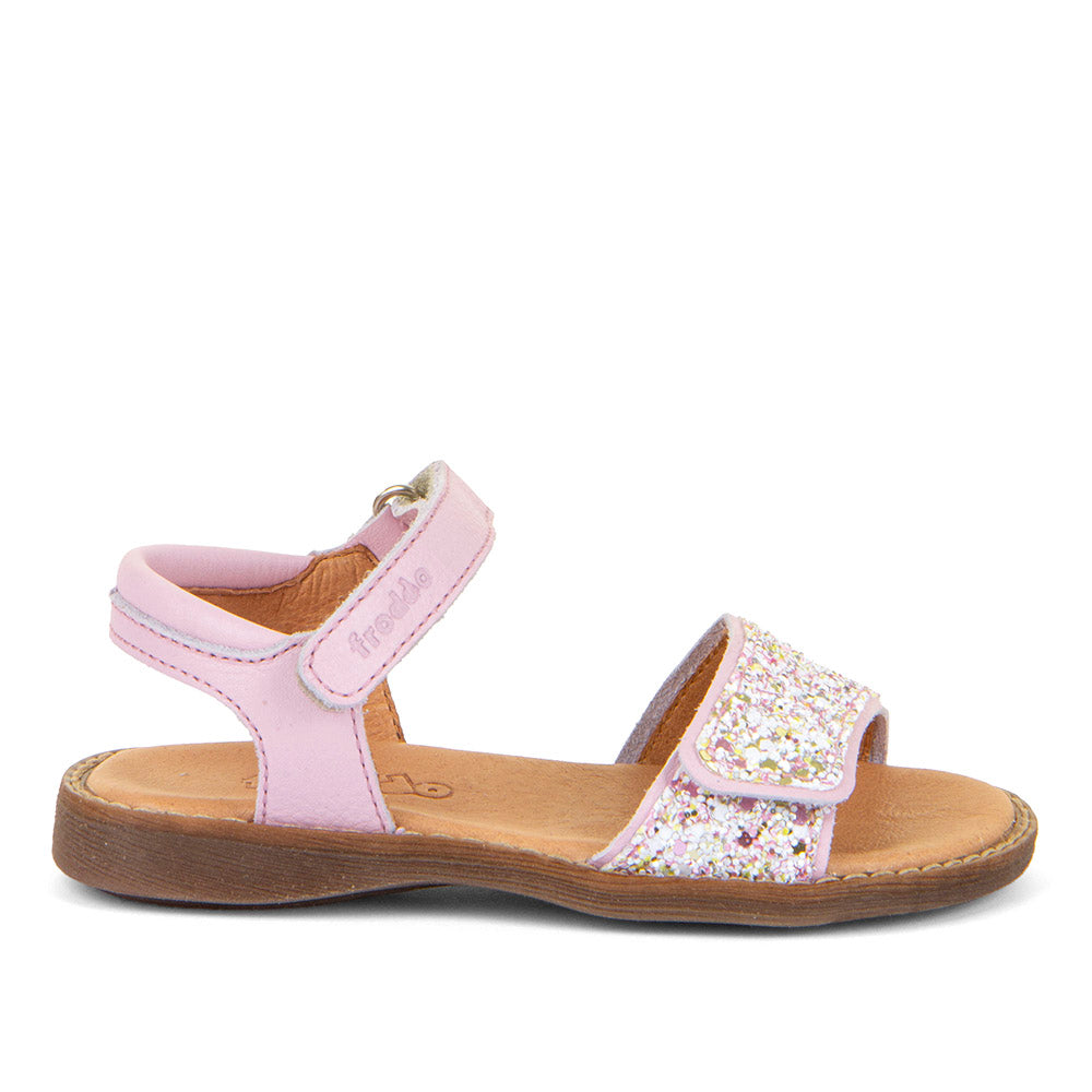 A girls open toe sandal by Froddo,style Lore Sparkle G3150249-15 in pink leather with glitter velcro strap and velcro ankle fastening. Right side view.