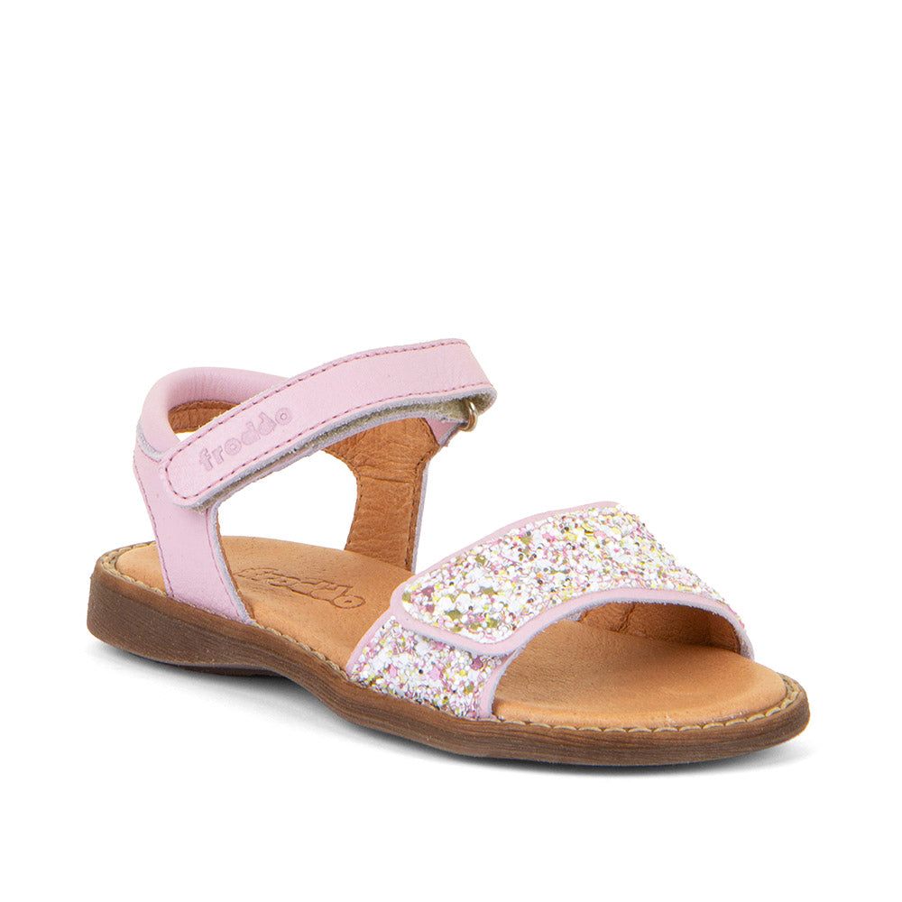 A girls open toe sandal by Froddo,style Lore Sparkle G3150249-15 in pink leather with glitter velcro strap and velcro ankle fastening. Angled right side view.