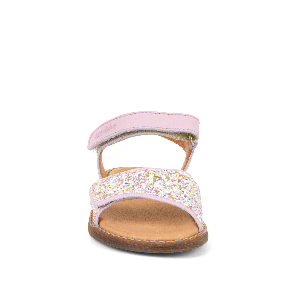 A girls open toe sandal by Froddo,style Lore Sparkle G3150249-15 in pink leather with glitter velcro strap and velcro ankle fastening. Angled right side view.