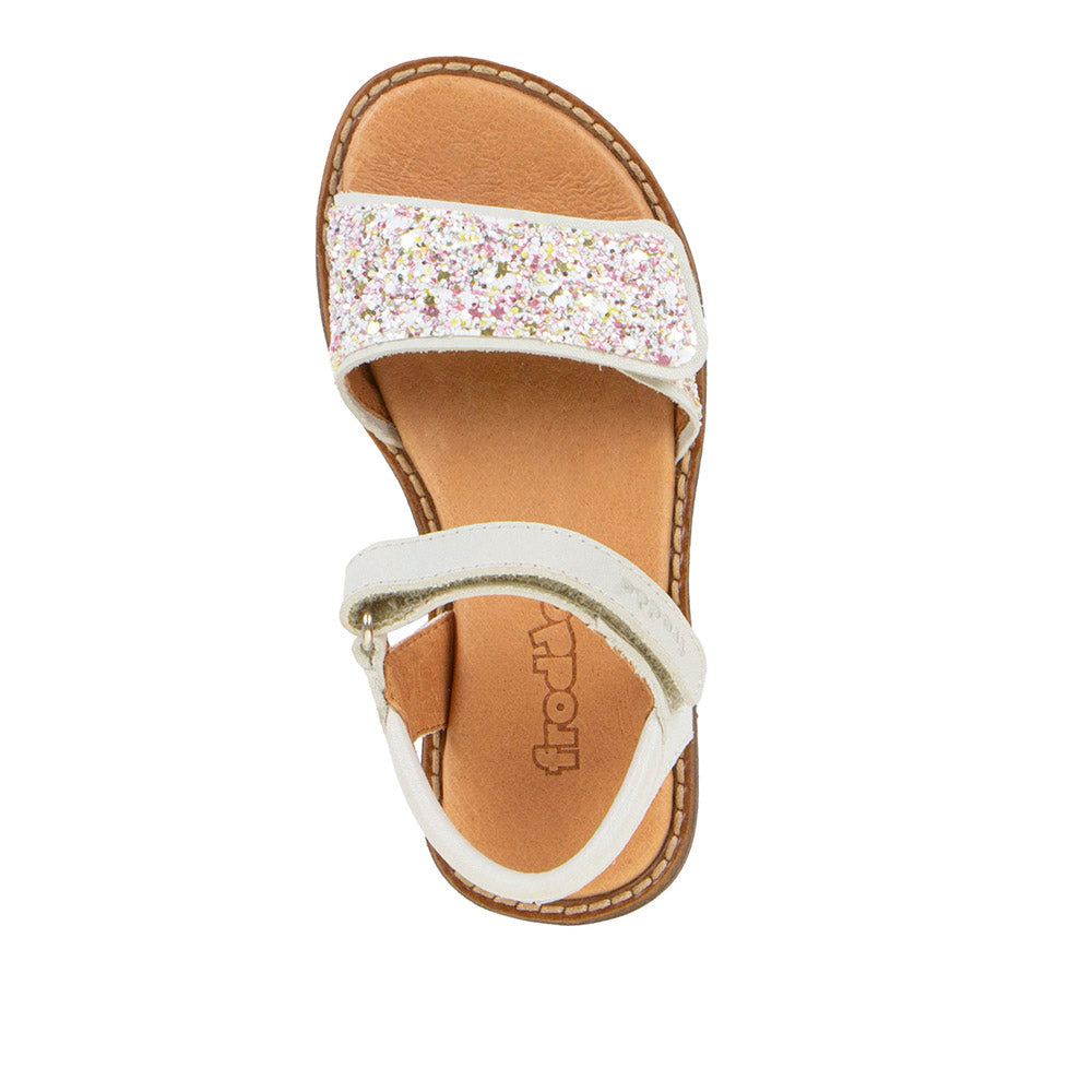 A girls sandal by Froddo, style Lorine Sparkle in with two velcro straps, one on the ankl and one large one at front with glitter detail. Top view
