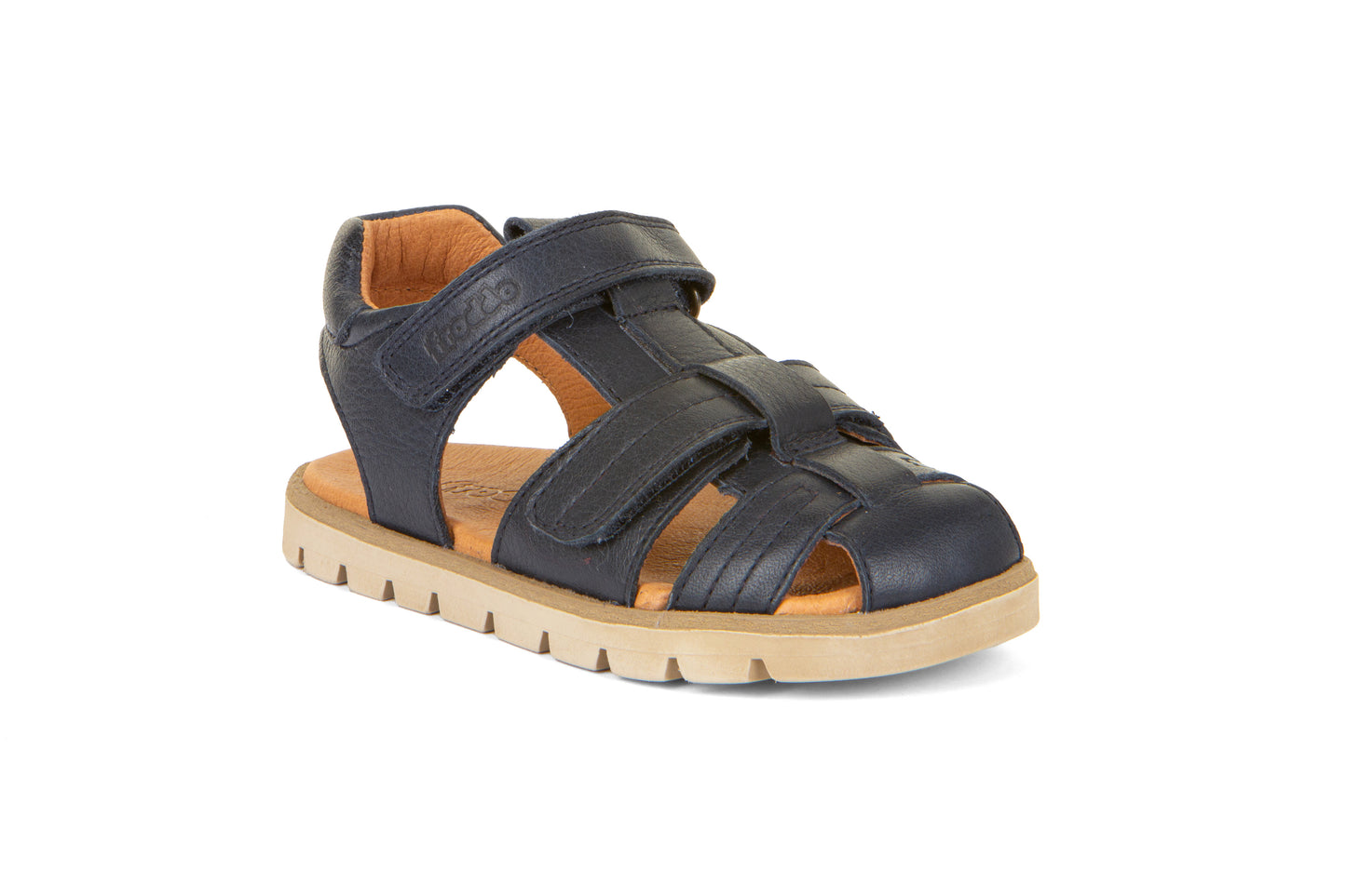  A unisex closed toe sandal by Froddo,style Keko G3150254-1 in navy leather with double velcro fastening. Angle view.