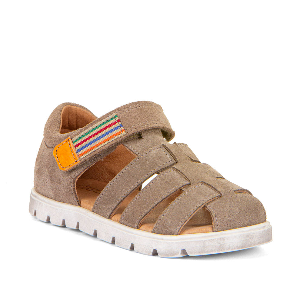 A unisex closed toe sandal by Froddo,style Keko G3150287-3 in beige with multi coloured velcro fastening. Angled view of right side.