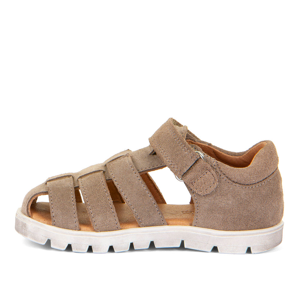 A unisex closed toe sandal by Froddo, style Keko G3150287-3 in beige with multi coloured velcro fastening. Left side view.