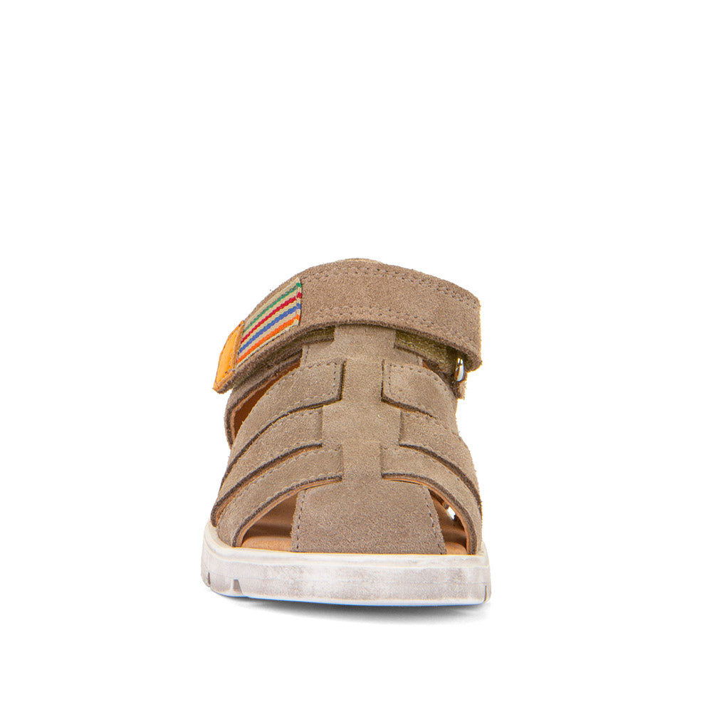 A unisex closed toe sandal by Froddo, style Keko G3150287-3 in beige with multi coloured velcro fastening. Front view.