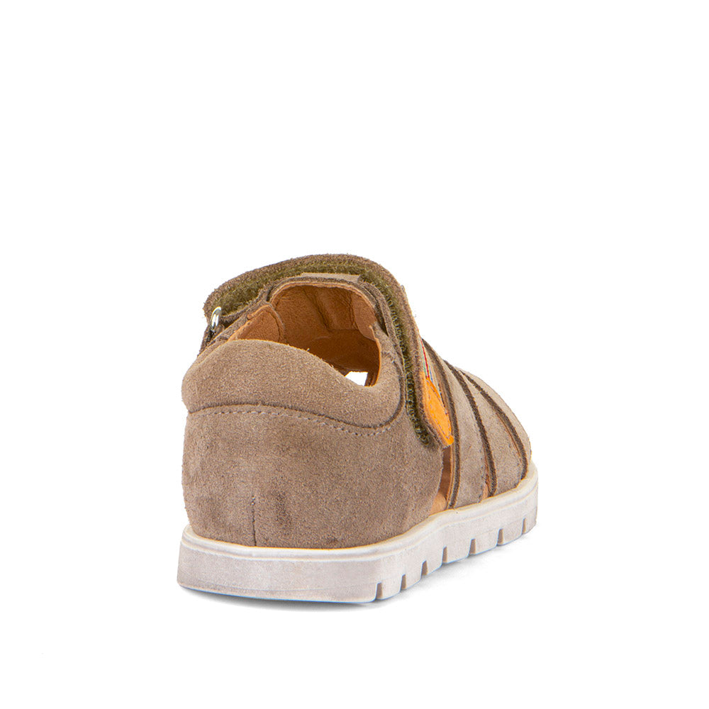 A unisex closed toe sandal by Froddo, style Keko G3150287-3 in beige with multi coloured velcro fastening. Angled back view.
