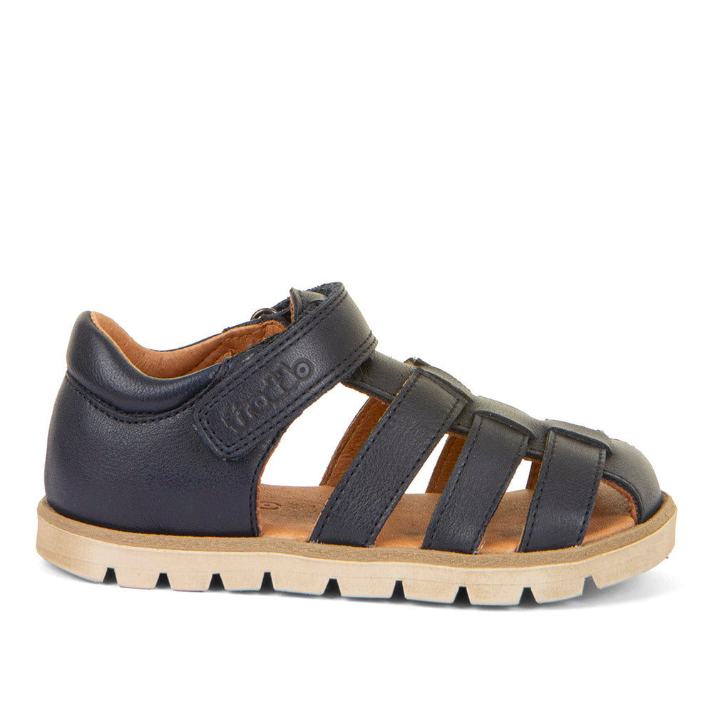 A unisex closed toe sandal by Froddo,style Keko G3150287 in navy with velcro fastening. Right side view.