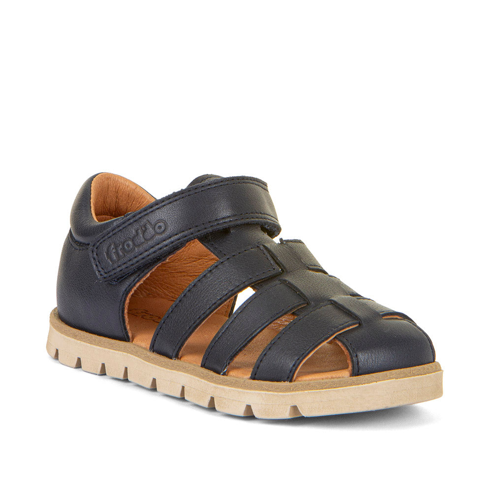 A unisex closed toe sandal by Froddo,style Keko G3150287 in navy with velcro fastening.  Angled right side view.
