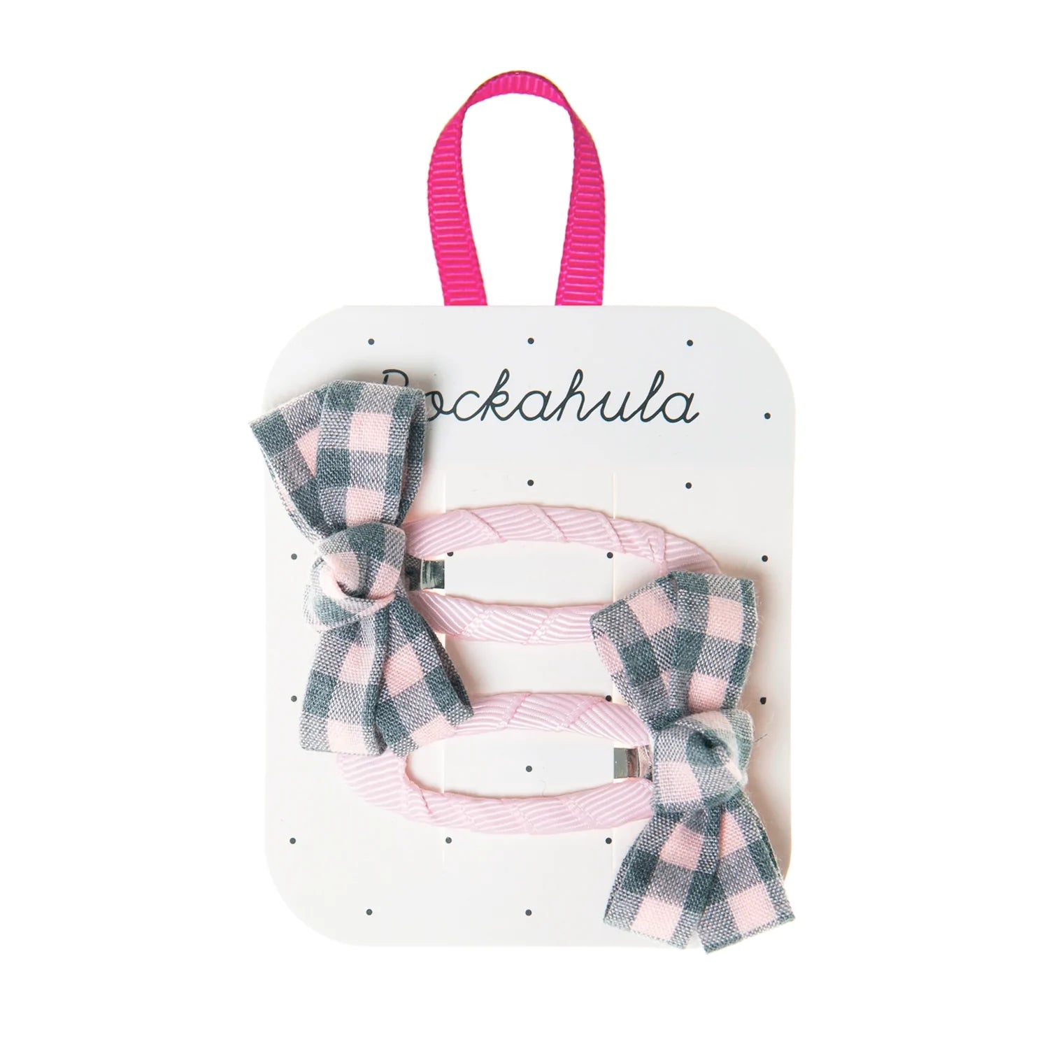 A pair of girls hair clips by Rockahula, style Annie Check, pink grosgrain clips with grey and pink check bows at each end.