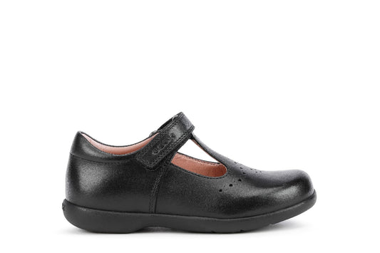 A girls t-bar school shoe by Geox, style Naimara, in black leather with velcro fastening. Right side view.