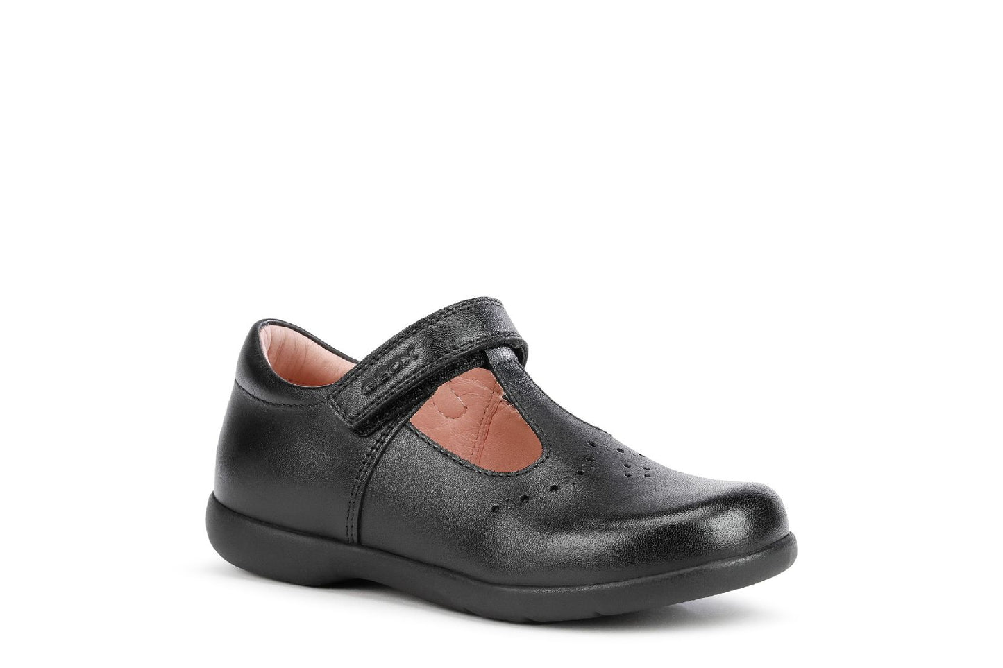 A girls t-bar school shoe by Geox, style Naimara, in black leather with velcro fastening. Right side view.