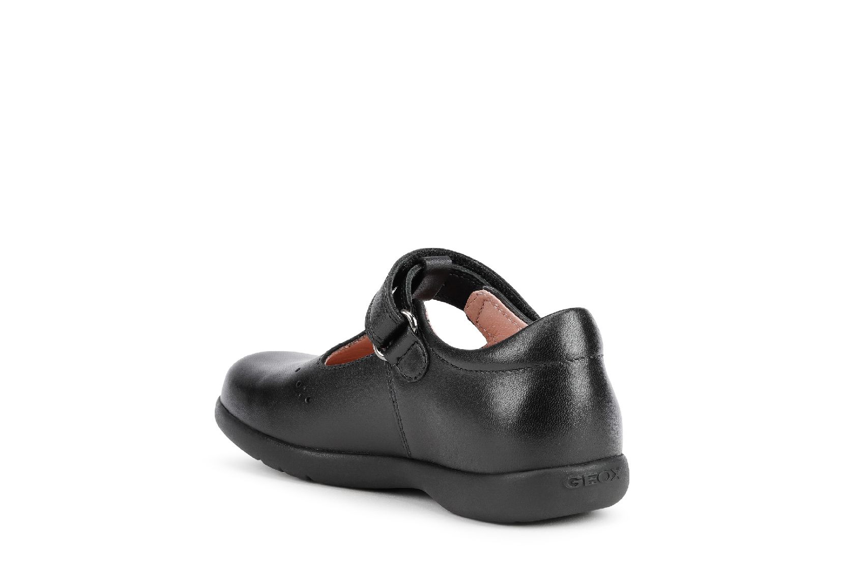A girls t-bar school shoe by Geox, style Naimara, in black leather with velcro fastening. Angled left side view.