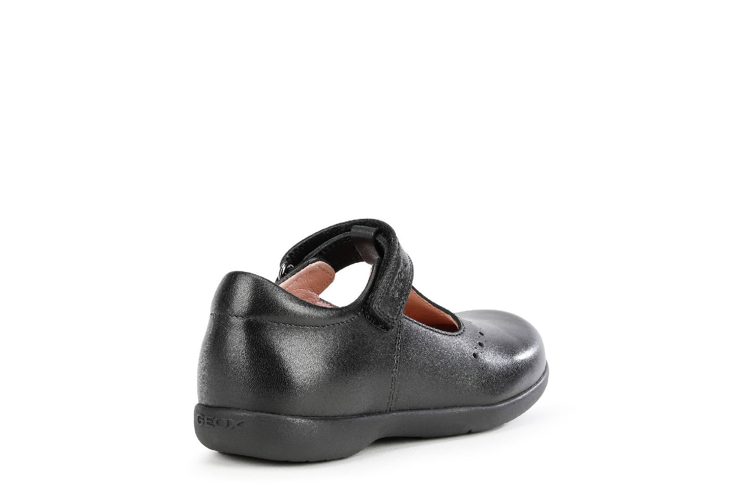 A girls t-bar school shoe by Geox, style Naimara, in black leather with velcro fastening. Angled right side view.