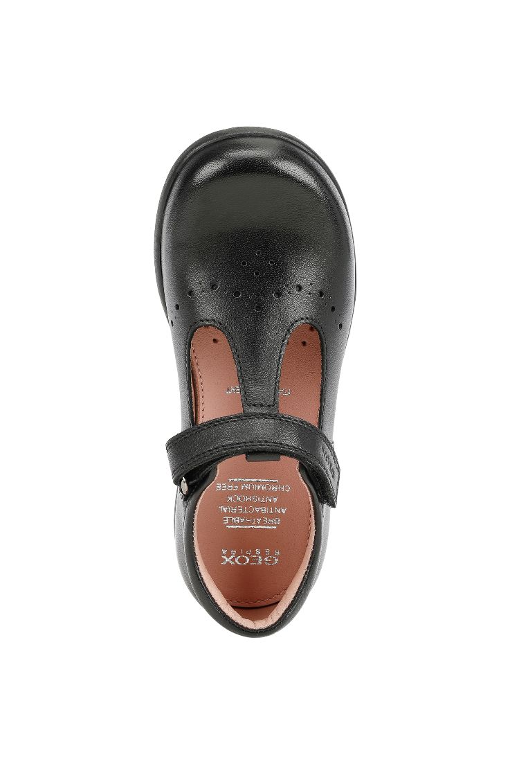 A girls t-bar school shoe by Geox, style Naimara, in black leather with velcro fastening. Above view.