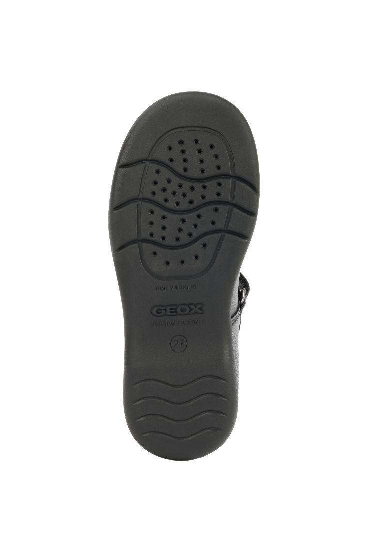 A girls t-bar school shoe by Geox, style Naimara, in black leather with velcro fastening. vIEW OF SOLE