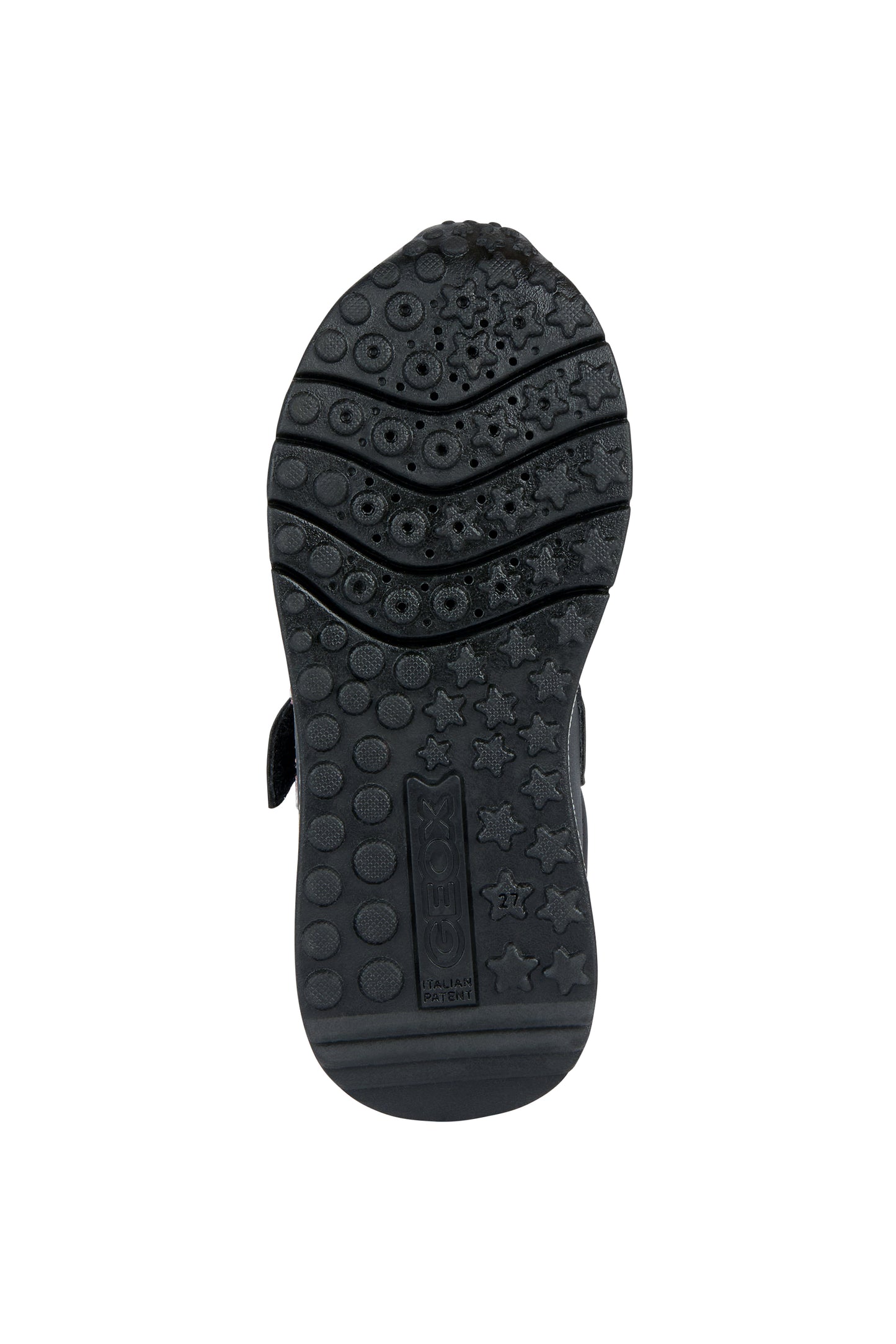 A girls casual trainer by Geox, style J Fasics Girl, in Black and Pink Glitter with elastic laces and single velcro fastening. Sole view.