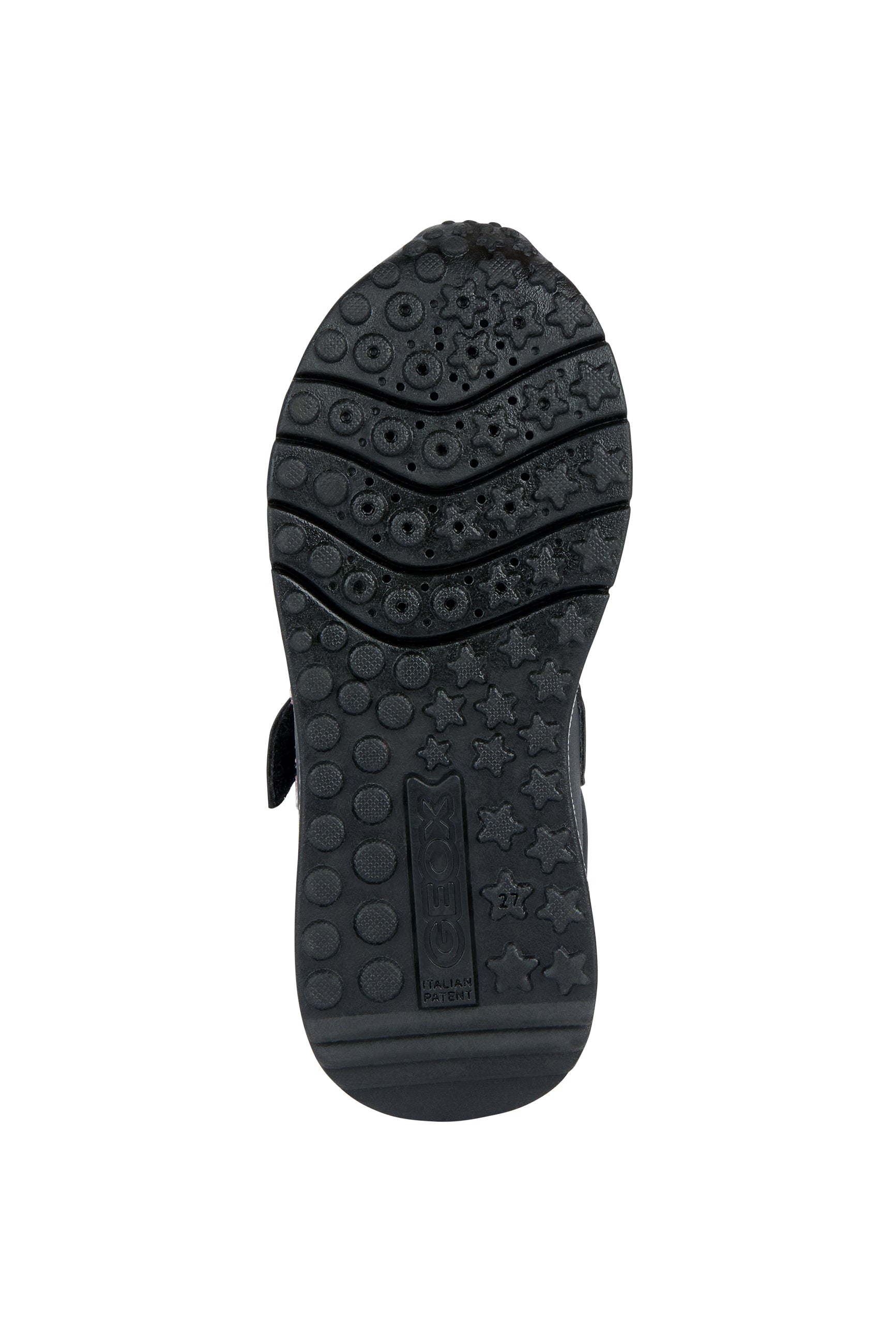 A girls casual trainer by Geox, style J Fasics Girl, in Black and Pink Glitter with elastic laces and single velcro fastening. Sole view.