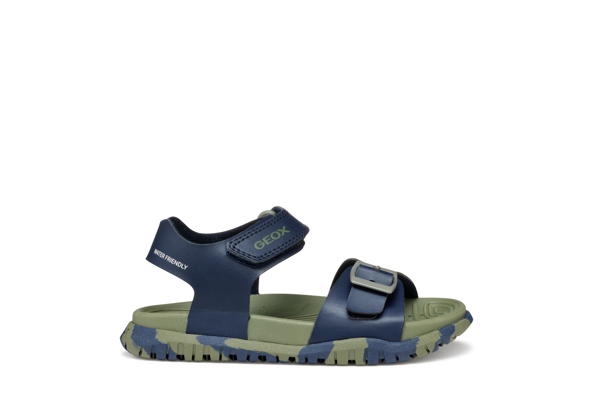 A boys open toe synthetic water friendly sandal by Geox. Style Fusbetto, in blue and green with two velcro fastenings. Right side view.