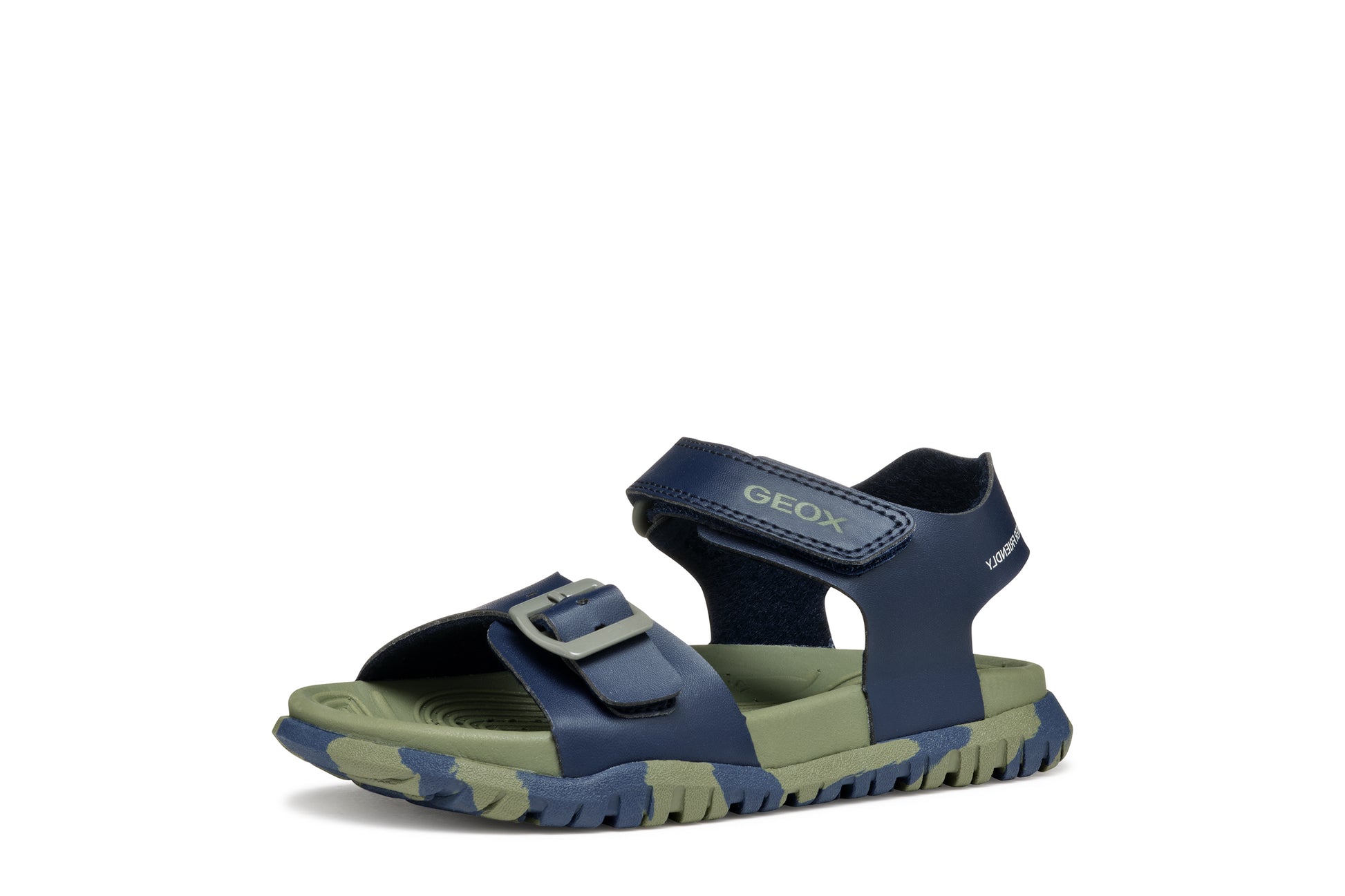 A boys open toe synthetic water friendly sandal by Geox. Style Fusbetto, in blue and green with two velcro fastenings. Left side view.