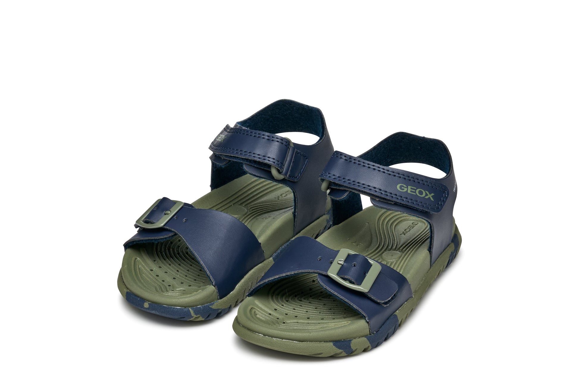 A boys open toe synthetic water friendly sandal by Geox. Style Fusbetto, in blue and green with two velcro fastenings. Angled view of pair.