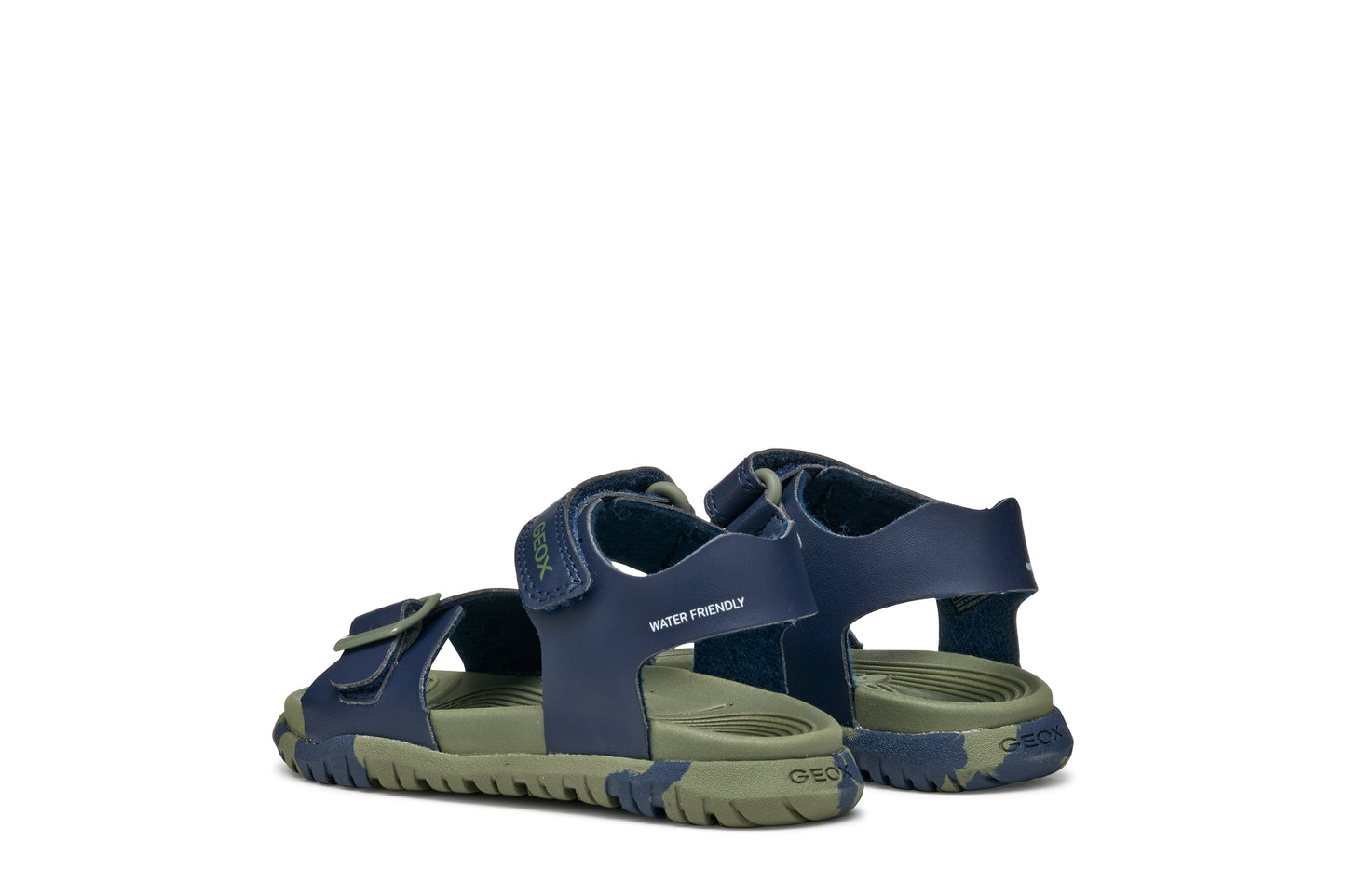 A boys open toe synthetic water friendly sandal by Geox. Style Fusbetto, in blue and green with two velcro fastenings. Angled view of pair.