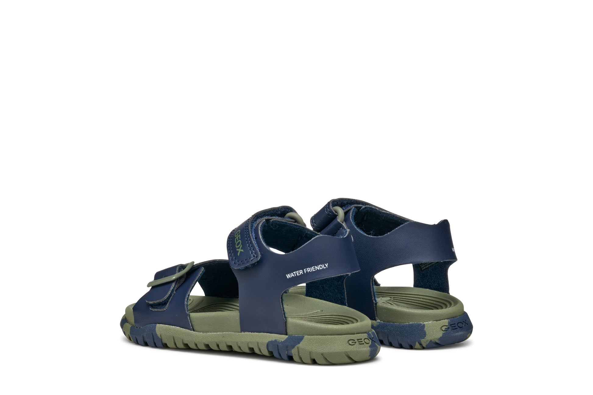 A boys open toe synthetic water friendly sandal by Geox. Style Fusbetto, in blue and green with two velcro fastenings. Angled view of pair.