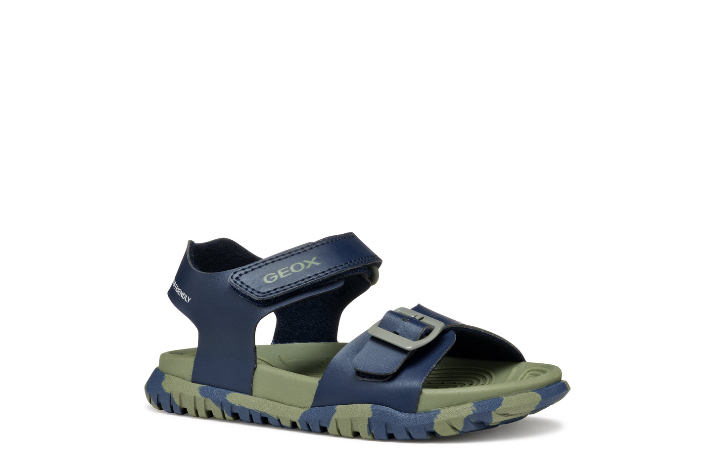 A boys open toe synthetic water friendly sandal by Geox. Style Fusbetto, in blue and green with two velcro fastenings. Right side view.