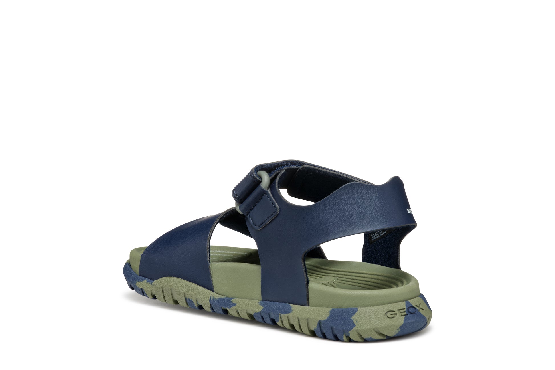 A boys open toe synthetic water friendly sandal by Geox. Style Fusbetto, in blue and green with two velcro fastenings. Angled left side view.