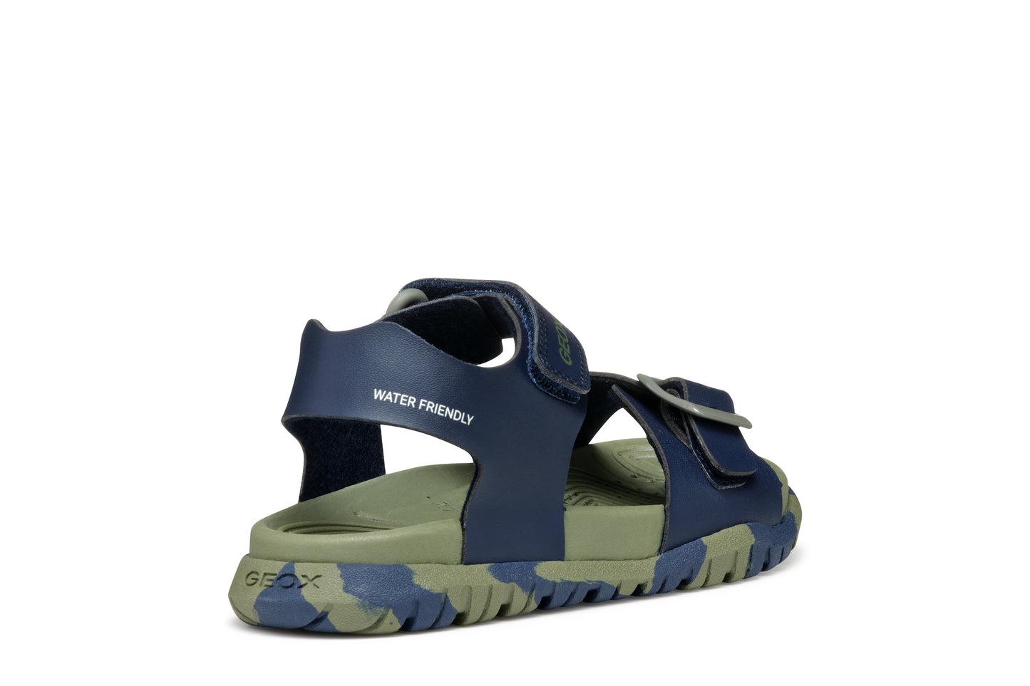 A boys open toe synthetic water friendly sandal by Geox. Style Fusbetto, in blue and green with two velcro fastenings. Angled right side view.