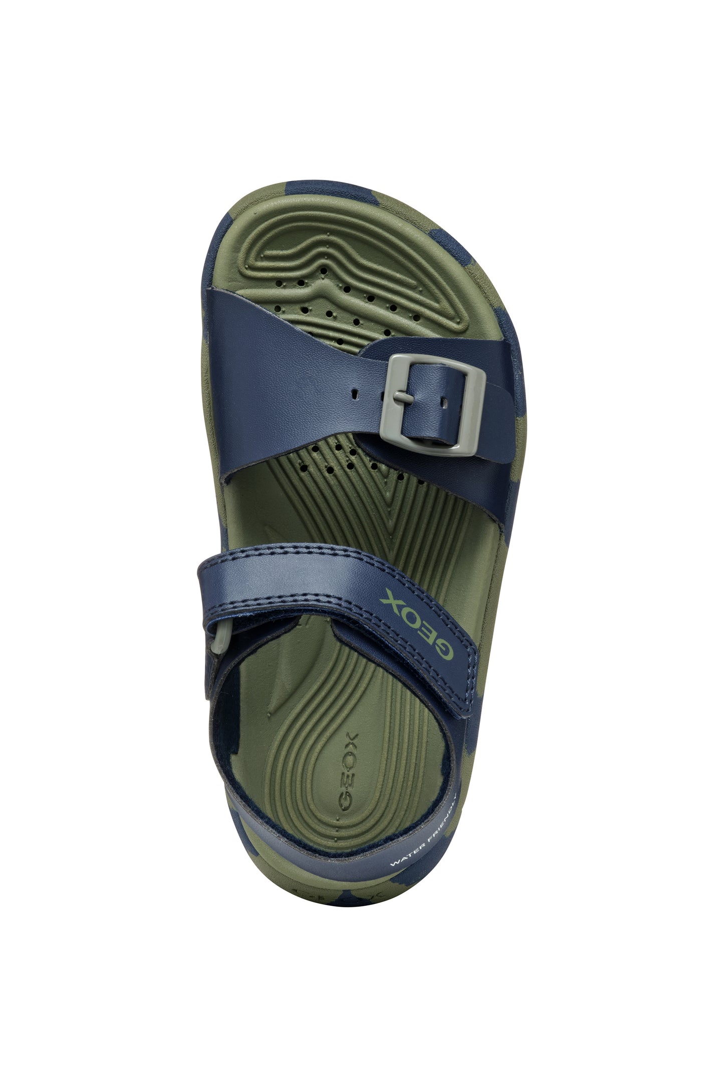 A boys open toe synthetic water friendly sandal by Geox. Style Fusbetto, in blue and green with two velcro fastenings. Above view.