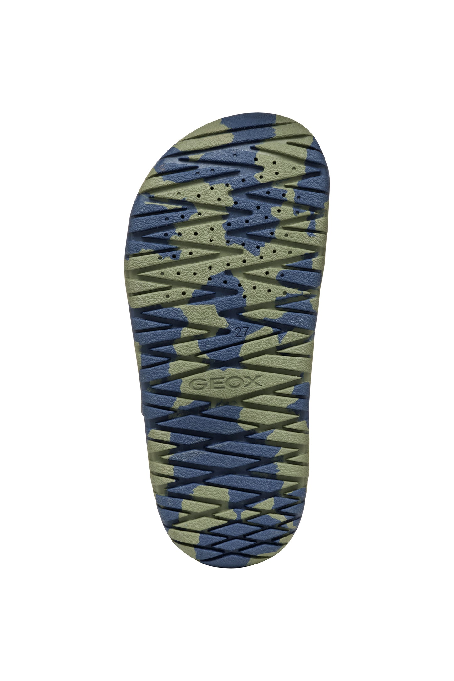 A boys open toe synthetic water friendly sandal by Geox. Style Fusbetto, in blue and green with two velcro fastenings. Sole view.