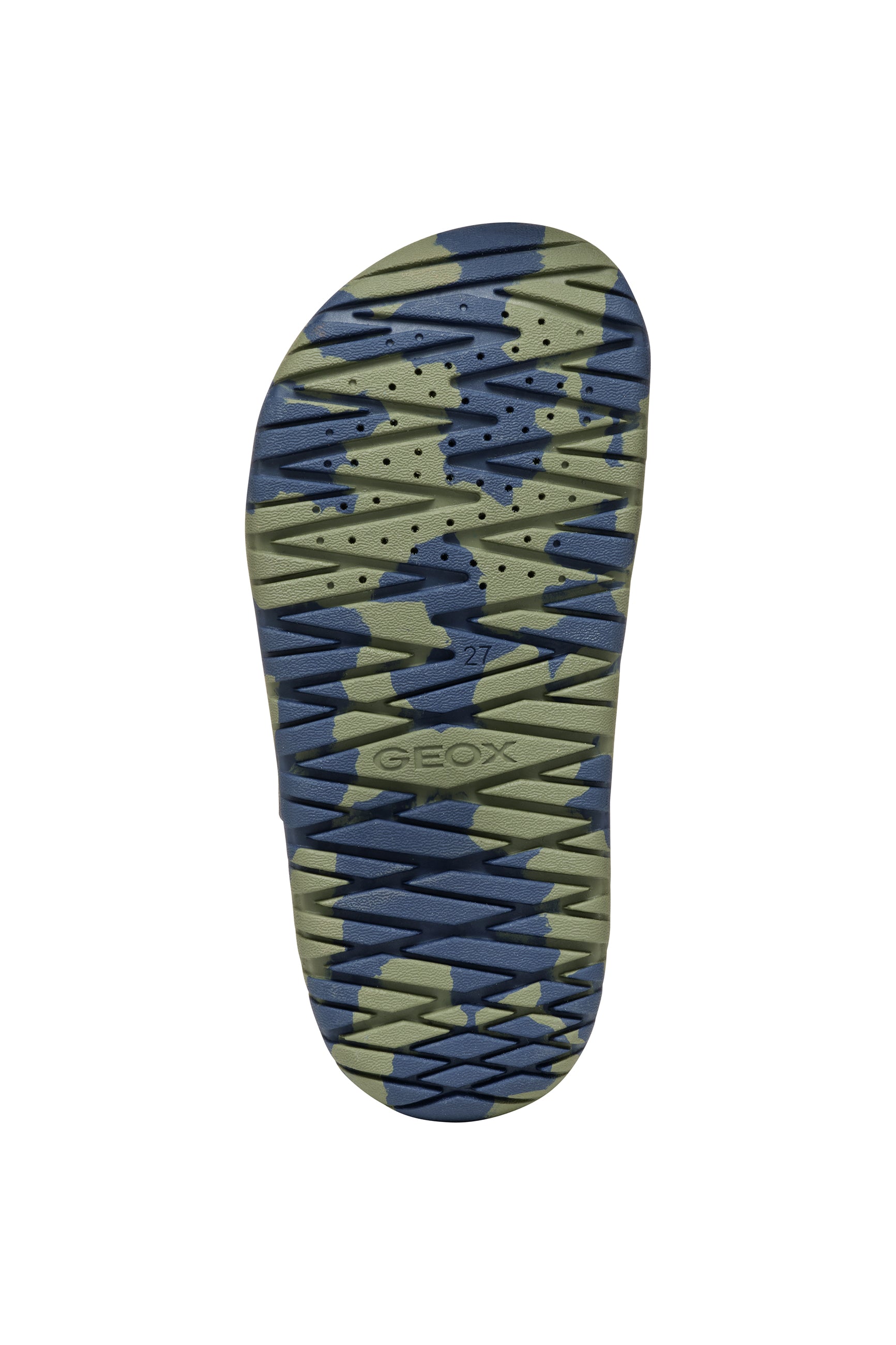 A boys open toe synthetic water friendly sandal by Geox. Style Fusbetto, in blue and green with two velcro fastenings. Sole view.
