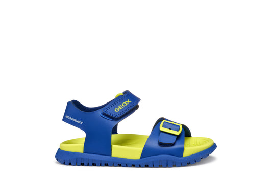 A boys sandal by Geox, style Fusbetto in royal blue and green with velcro strap and buckle at the front. Right side view