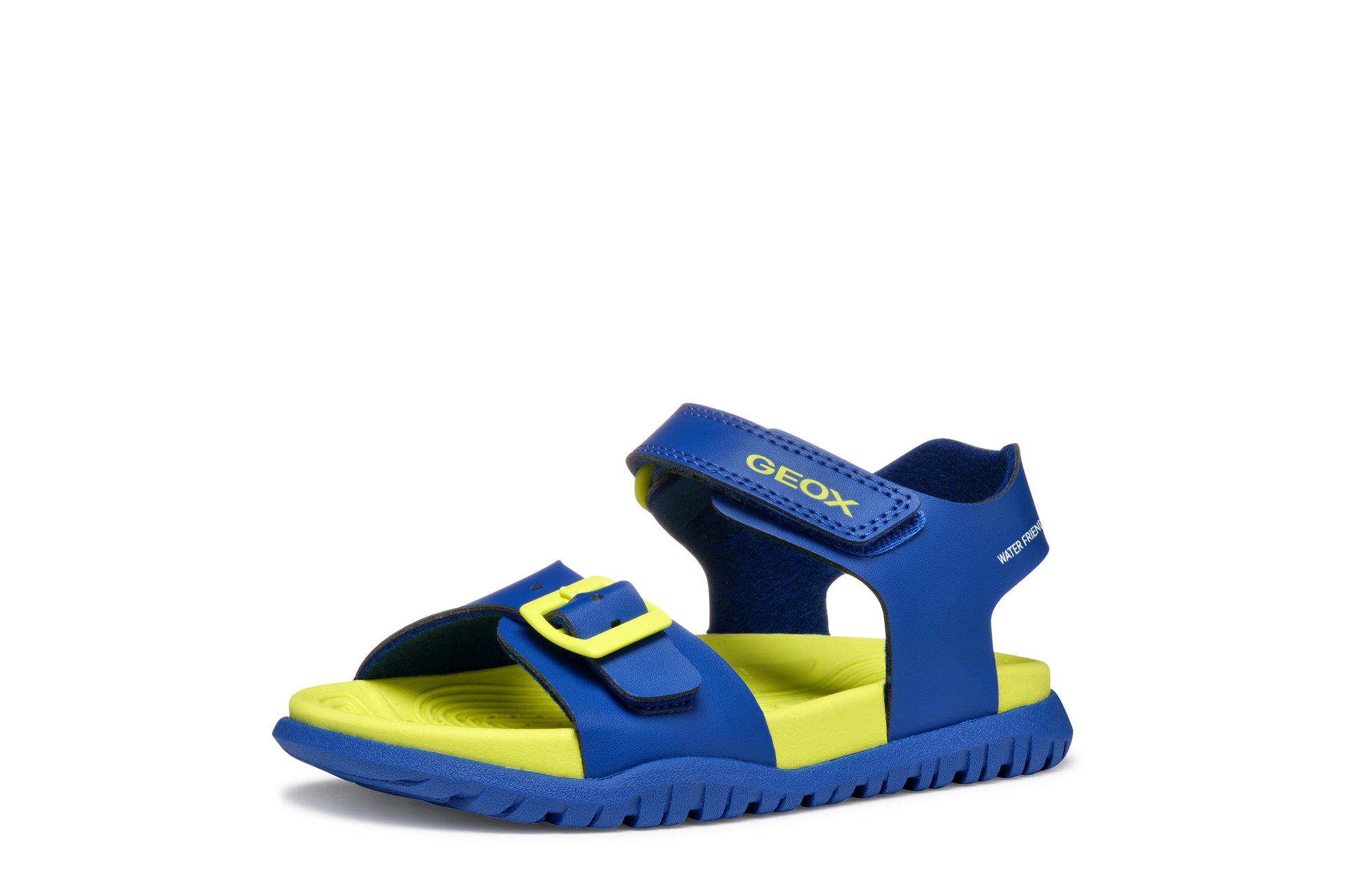 A boys sandal by Geox, style Fusbetto in royal blue and green with velcro strap and buckle at the front. Left side view