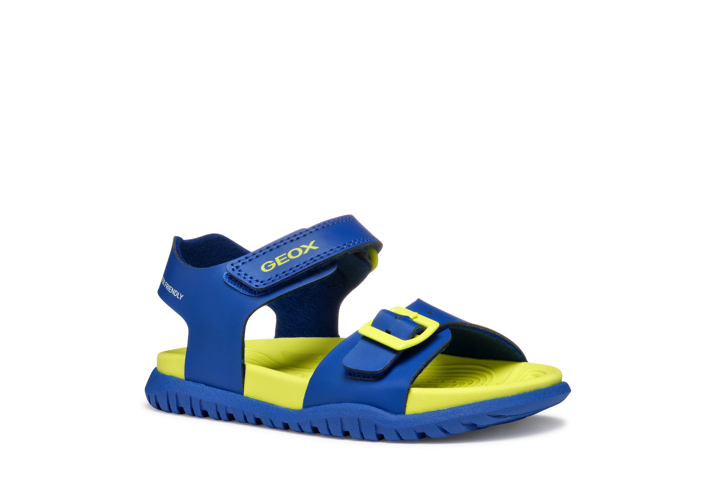 A boys sandal by Geox, style Fusbetto in royal blue and green with velcro strap and buckle at the front. Right side view