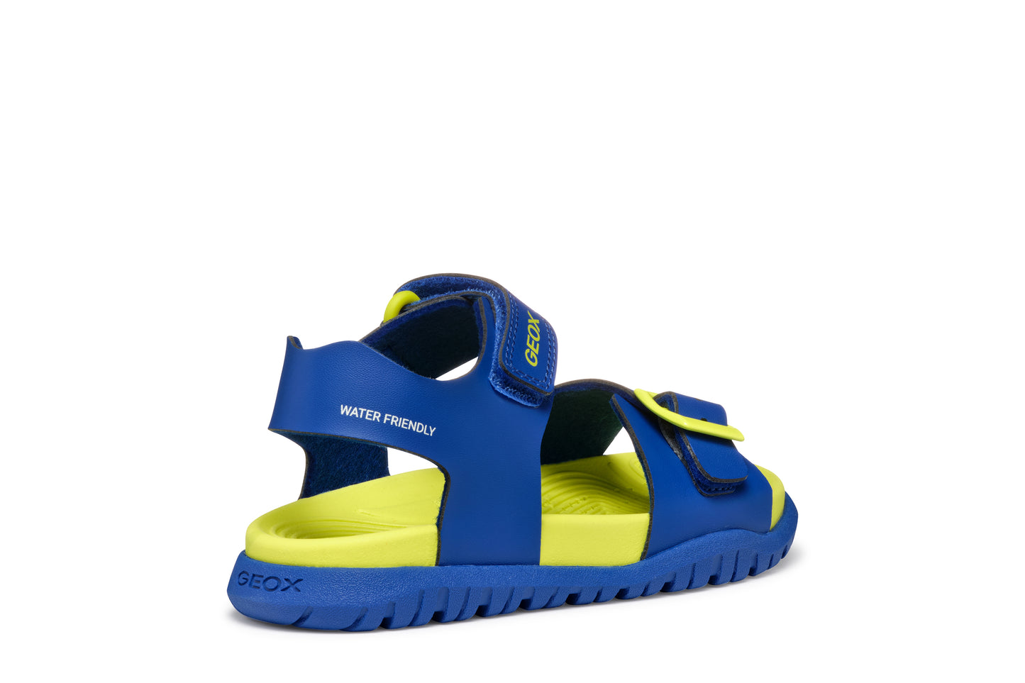 A boys sandal by Geox, style Fusbetto in royal blue and green with velcro strap and buckle at the front. Outer back view