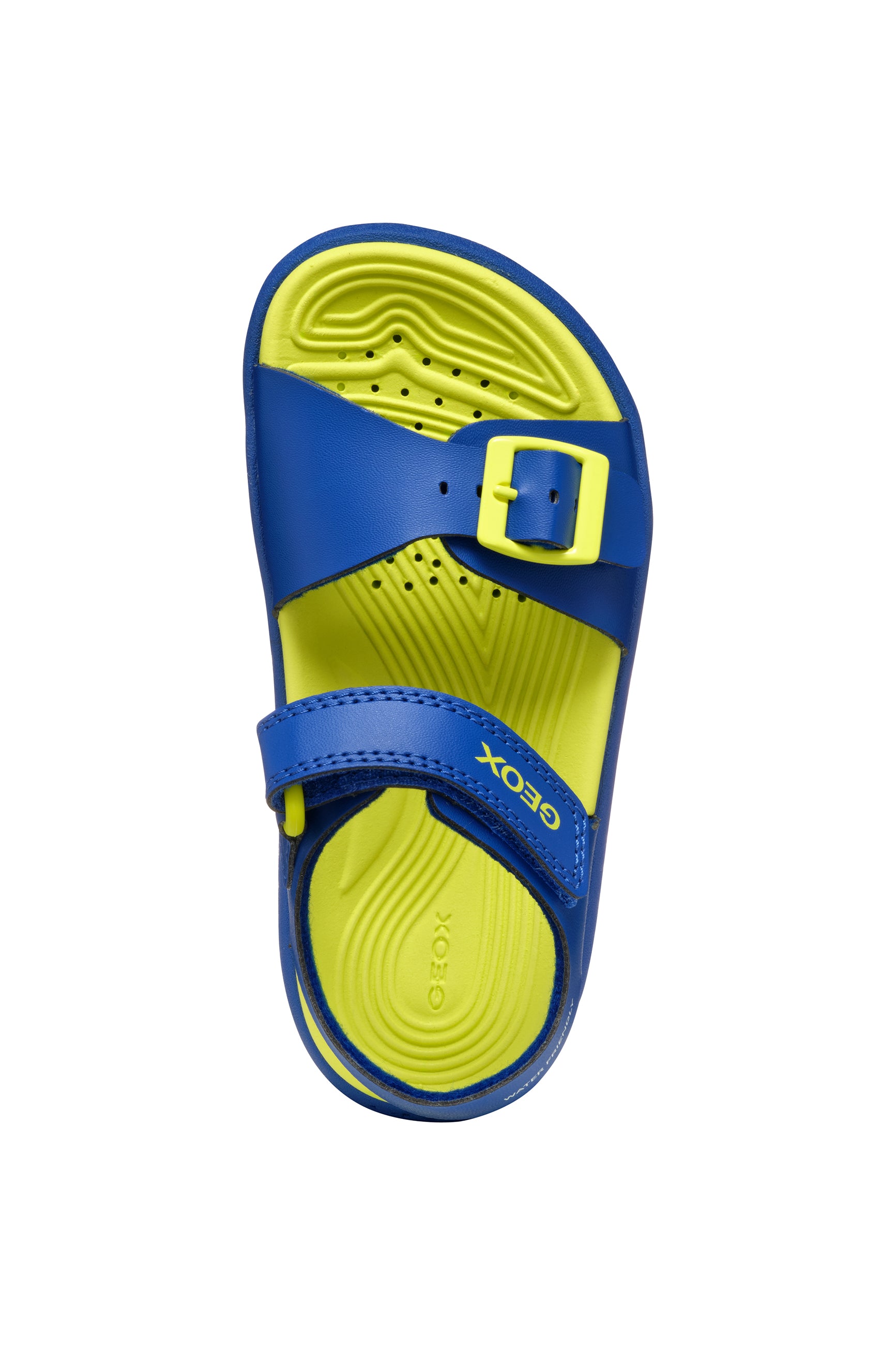 A boys sandal by Geox, style Fusbetto in royal blue and green with velcro strap and buckle at the front. Top view