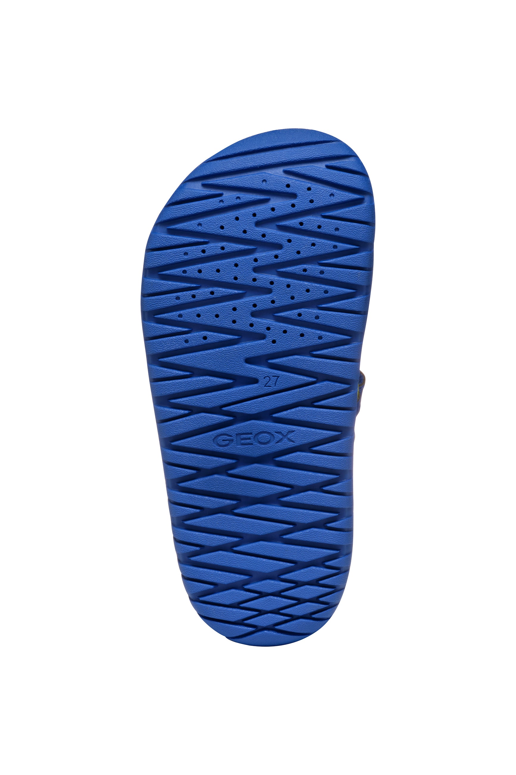 A boys sandal by Geox, style Fusbetto in royal blue and green with velcro strap and buckle at the front. View of blue sole with breathable holes