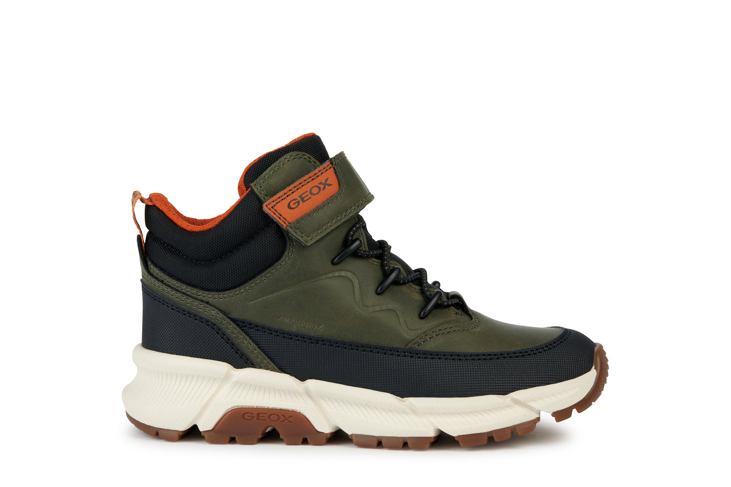 A boys boot by Geox, style Flexypur Plus in Kaki and black, Velcro fastening. Right side view.