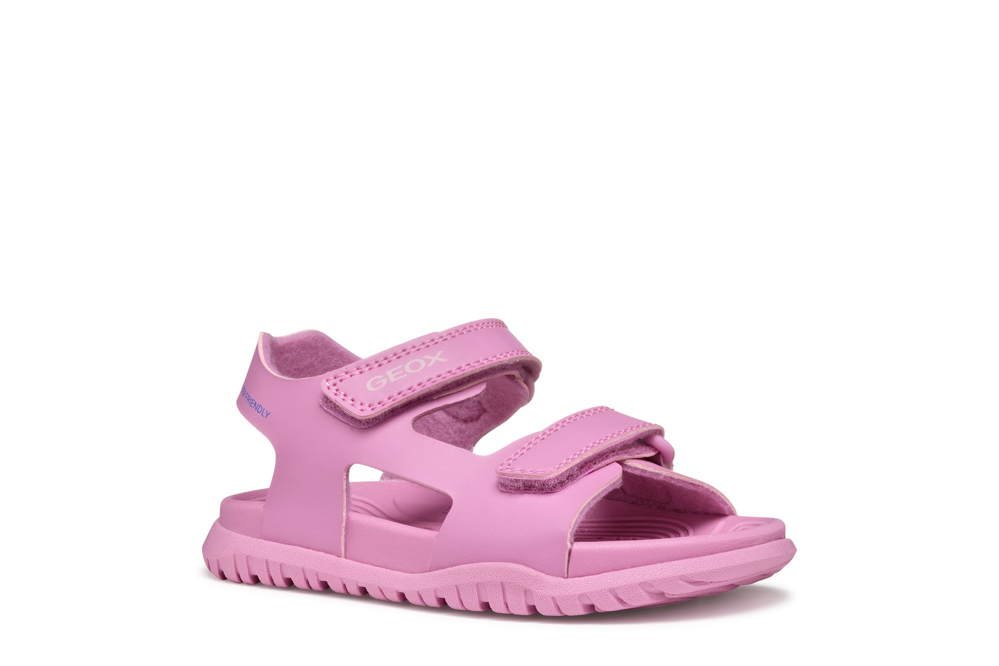 A open toe synthetic water friendly sandal by Geox. Style Fusbetto in pink with two velcro fastenings. Right side view.