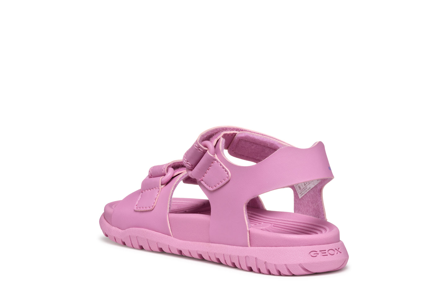 A open toe synthetic water friendly sandal by Geox. Style Fusbetto in pink with two velcro fastenings. Angled left side view.