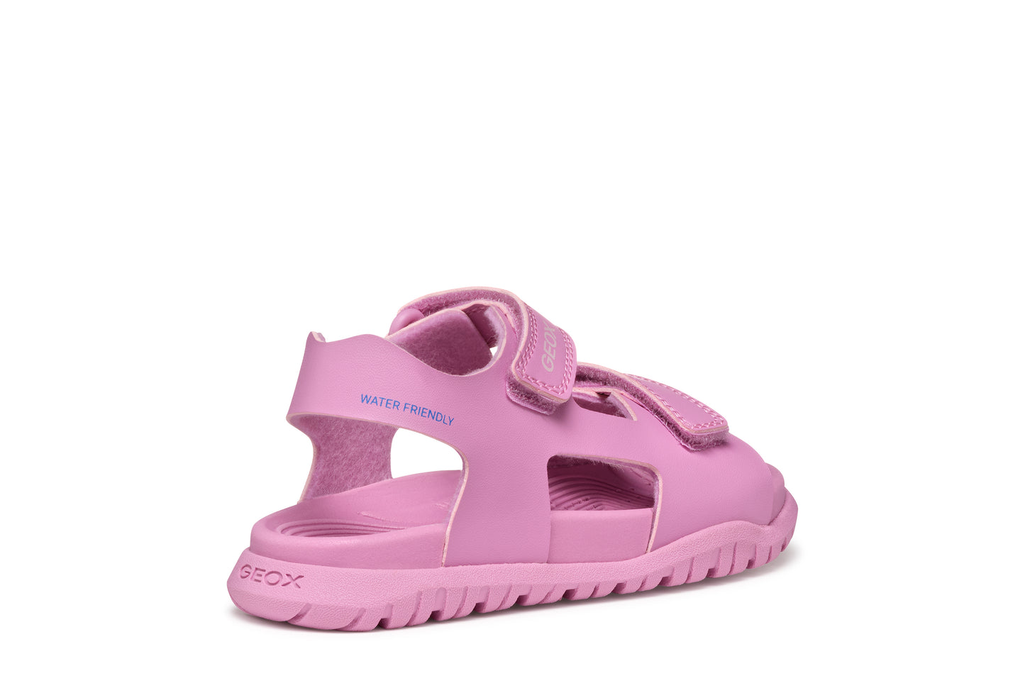 A open toe synthetic water friendly sandal by Geox. Style Fusbetto in pink with two velcro fastenings. Angled right side view.