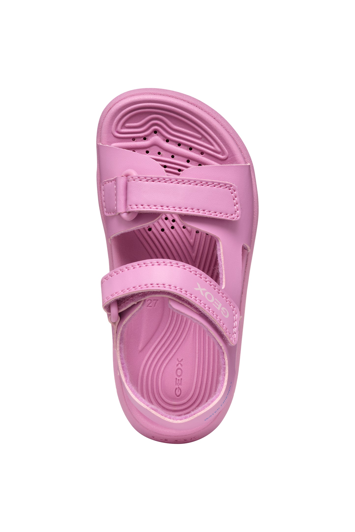 A open toe synthetic water friendly sandal by Geox. Style Fusbetto in pink with two velcro fastenings. Above view.